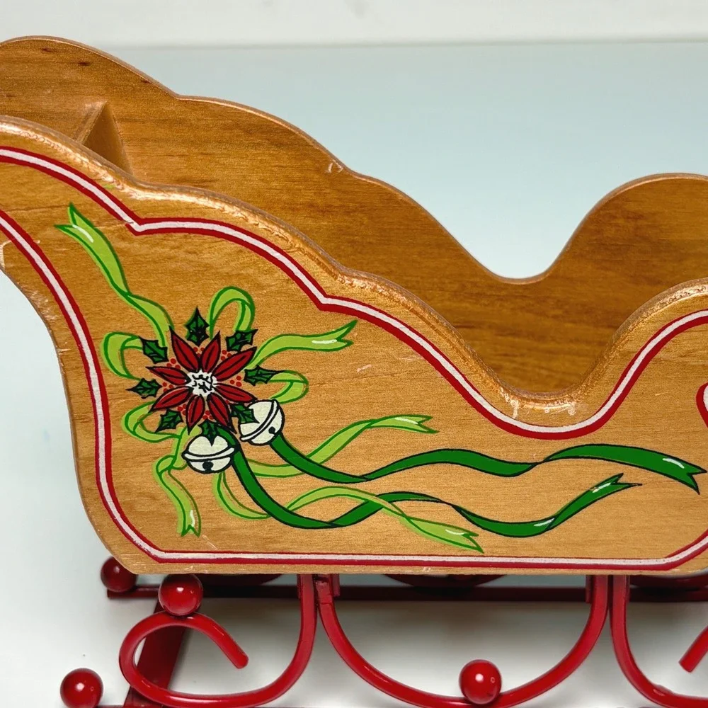Vintage Christmas Sleigh Centerpiece Wood Metal Reindeer Sled Poinsettia Decor‎